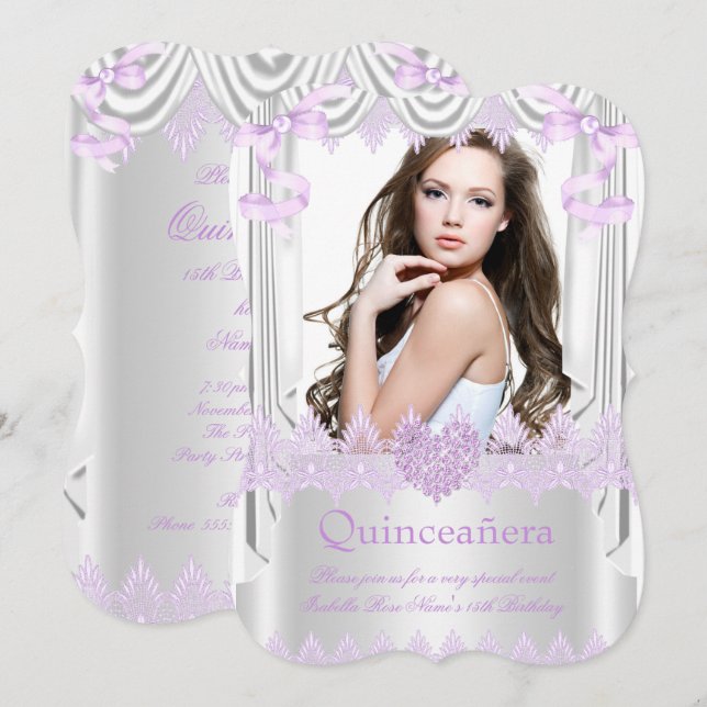 Invitación Foto Quinceanera 15th Lilac Heart Silk Lace (Anverso / Reverso)