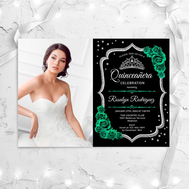 Invitación Foto Quinceanera de Plata Negra Verde Esmeralda (Subido por el creador)