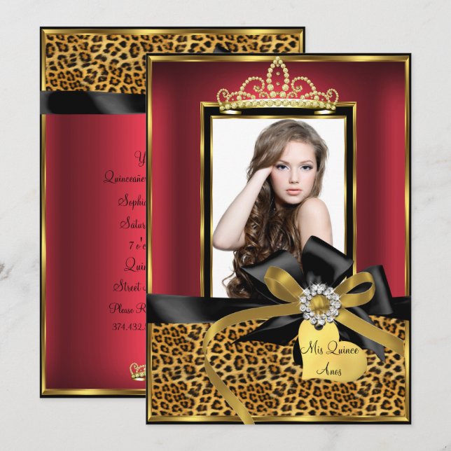 Invitación Foto Quinceanera del Leopardo Rojo de oro (Anverso / Reverso)
