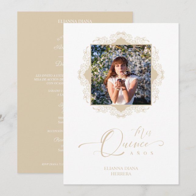 Invitación Foto Quinceañera Español Efecto Encaje Dorado (Anverso / Reverso)