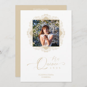 Invitación Foto Quinceañera Español Efecto Encaje Dorado
