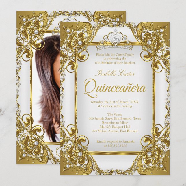 Invitación Foto Quinceanera Fiesta de la Perla Dorada Blanca  (Anverso / Reverso)