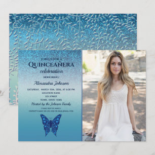 Invitación Foto Quinceanera, mariposa azul Purpurina