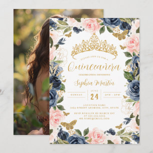 Invitación Foto Quinceañera Mariposa Floral Rosa Oro Azul Mar