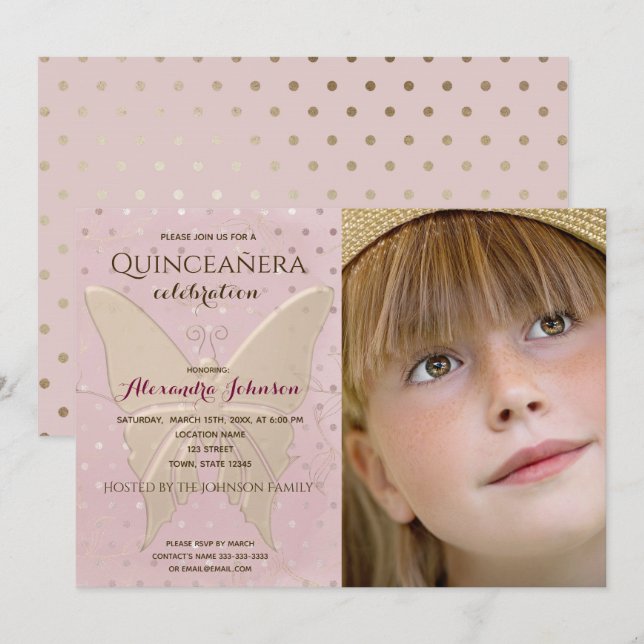 Invitación Foto Quinceanera Mariposa rosa y dorada (Anverso / Reverso)