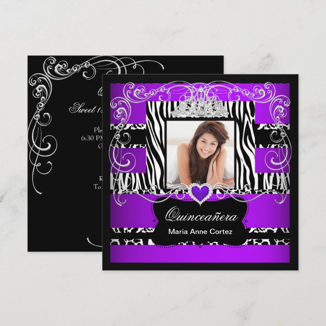Invitación Foto Quinceanera Morado Blanco Cebra Negra (Anverso / Reverso)