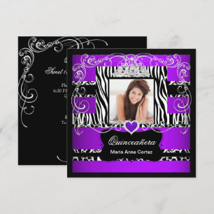 Invitación Foto Quinceañera Morado Blanco Negro Vaca Cebra