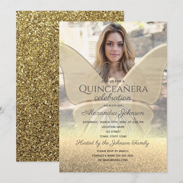 Invitación Foto Quinceanera Purpurina Mariposa de Oro (Anverso / Reverso)