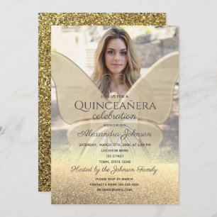Invitación Foto Quinceanera Purpurina Mariposa de Oro