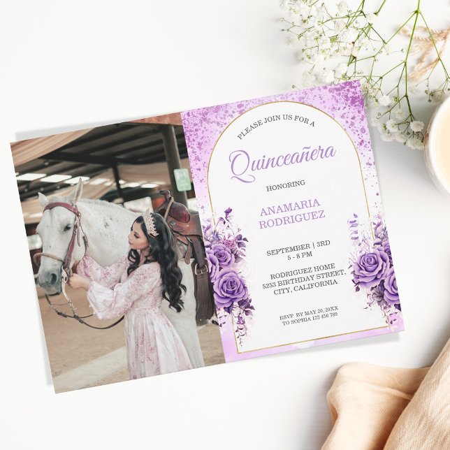 Invitación Foto Quinceañera Rosas púrpura Mariposas Florales (Subido por el creador)