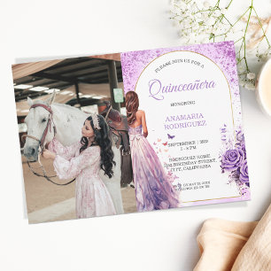 Invitación Foto Quinceañera Vestido Púrpura Mariposas Florale