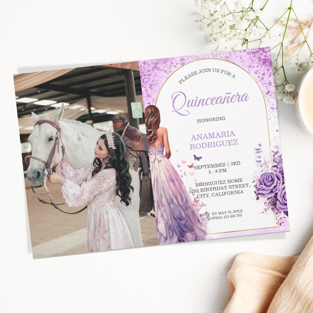 Invitación Foto Quinceañera Vestido Púrpura Mariposas Florale (Subido por el creador)