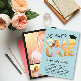 Invitación Foto Recortada de Graduado Pastel Azul Fiesta de G