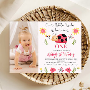 Invitación Foto Red Black Little Ladybug Primer cumpleaños