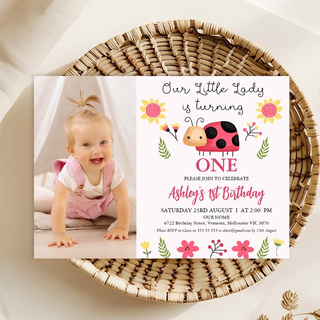 Invitación Foto Red Black Little Ladybug Primer cumpleaños (Girls Ladybug Themed 1st Birthday Invitation Template With Photo, Cute Ladybug Birthday Invitation)