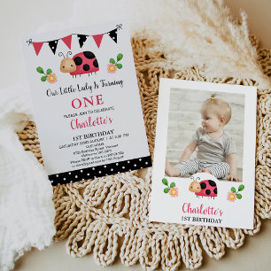 Invitación Foto Red Black Our Little Ladybug Primer cumpleaño