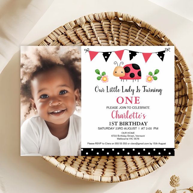 Invitación Foto Red Black Polka Dots Ladybug Primer cumpleaño (Ladybug 1st Birthday Invitation Template, Our Little Lady ladybug Birthday Invitation Bunting Flags)