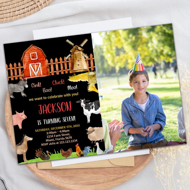 Invitación Foto Red Black Red Farm Animals Birthday (Photo Red Black Red Farm Animals Birthday Invitation)