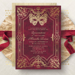 Invitación Foto Red Gold Masquerade Quinceanera