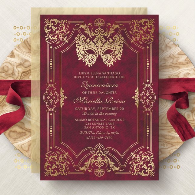 Invitación Foto Red Gold Masquerade Quinceanera (Subido por el creador)