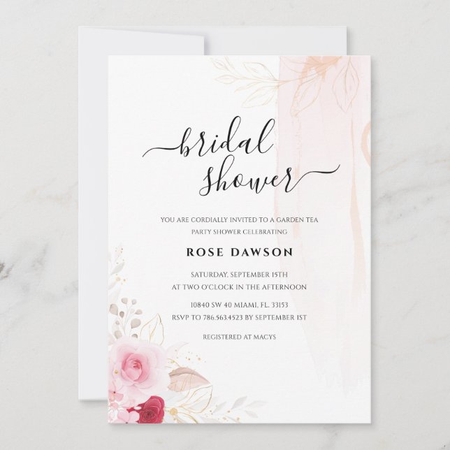 Invitación Foto: Red Rosa & Gold Floral Garden Bridal Shower (Anverso)