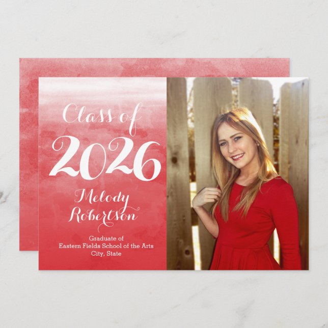 Invitación Foto Red Watercolor Class de graduación 2019 (Anverso / Reverso)
