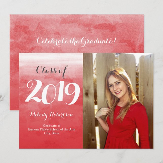 Invitación Foto Red Watercolor Class de graduación 2019 (Anverso / Reverso)