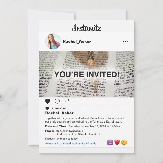 Invitación Foto Redes Sociales Bat Mitzvah o Bar Mitzvah (Anverso)