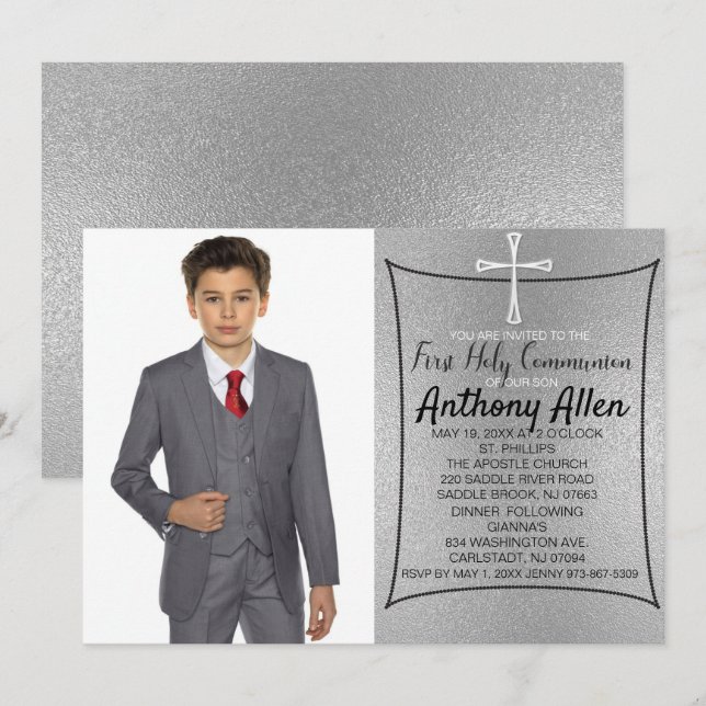 Invitación Foto Relieve metalizado plateado Primera Comunión  (Anverso / Reverso)