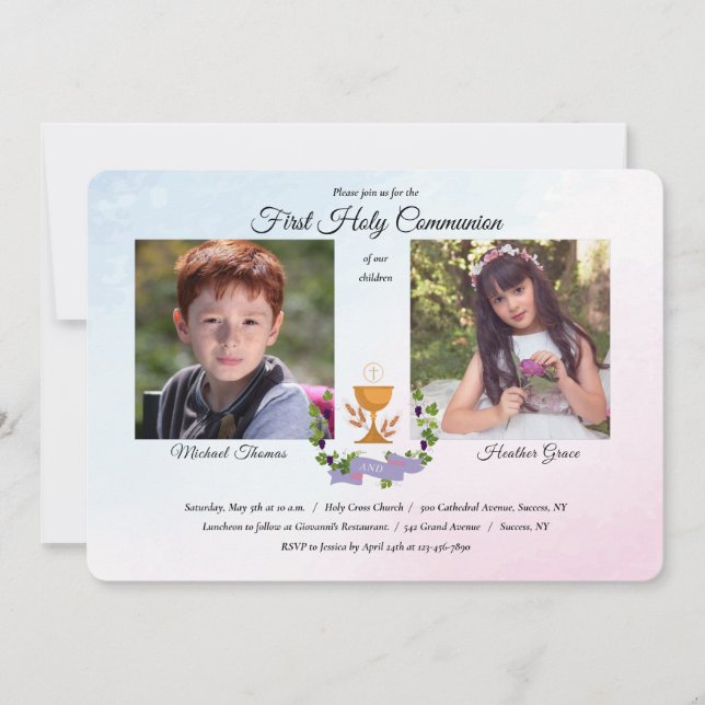 Invitación Foto religiosa azul y rosa (Anverso)