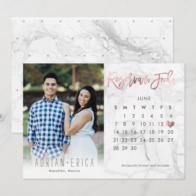 Invitación Foto: Reserva La Fecha Del Calendario Rosa De Oro (Anverso / Reverso)