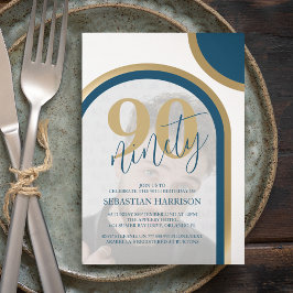 Invitación Foto Retro Azul y Dorado Cumpleaños 90