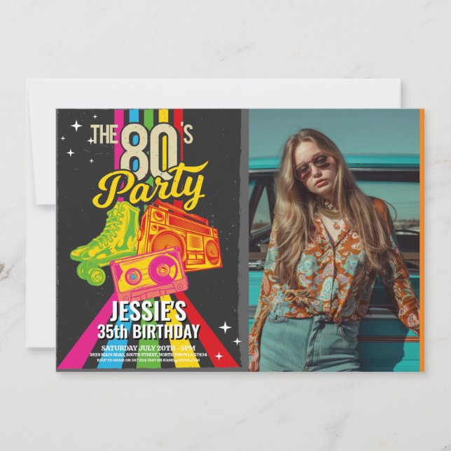 Invitación Foto retro de Fiesta de cumpleaños de los años 80 (Anverso)
