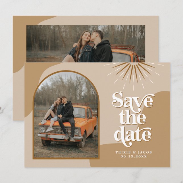 Invitación Foto retro de TRIXIE Beige Guardar fecha  (Anverso / Reverso)