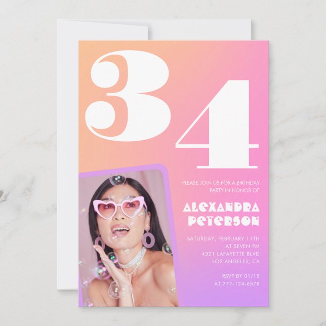 Invitación Foto Retro Gradiente Rosa cumpleaños 34 (Anverso)