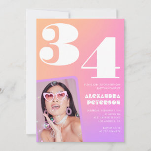 Invitación Foto Retro Gradiente Rosa cumpleaños 34
