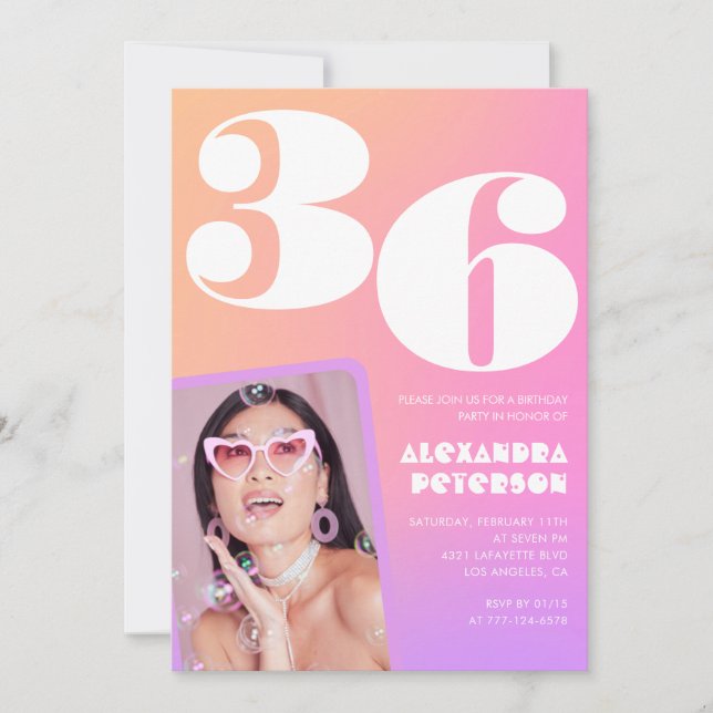 Invitación Foto retro gradiente rosa cumpleaños 36 (Anverso)