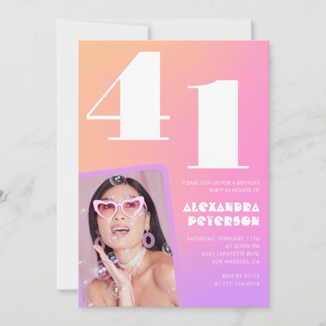 Invitación Foto retro gradiente rosa cumpleaños 41 (Anverso)
