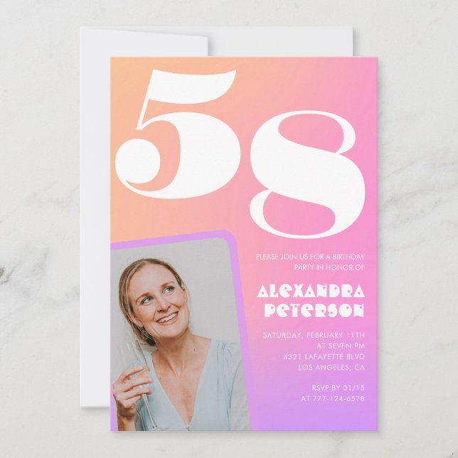 Invitación Foto retro gradiente rosa cumpleaños 58 (Anverso)