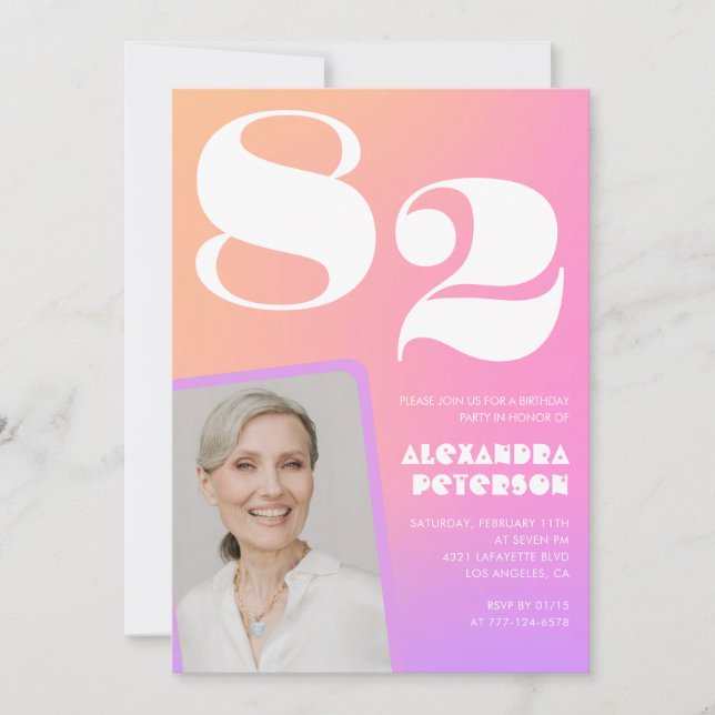 Invitación Foto Retro Gradiente Rosa cumpleaños 82 (Anverso)