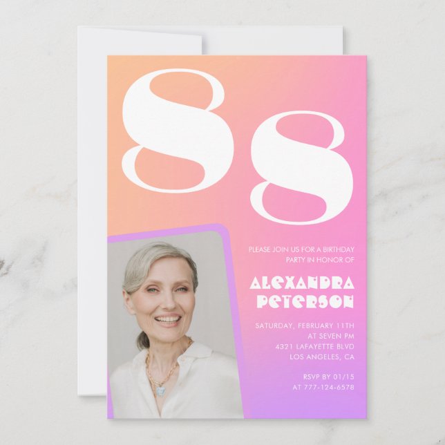 Invitación Foto retro gradiente rosa cumpleaños 88 (Anverso)