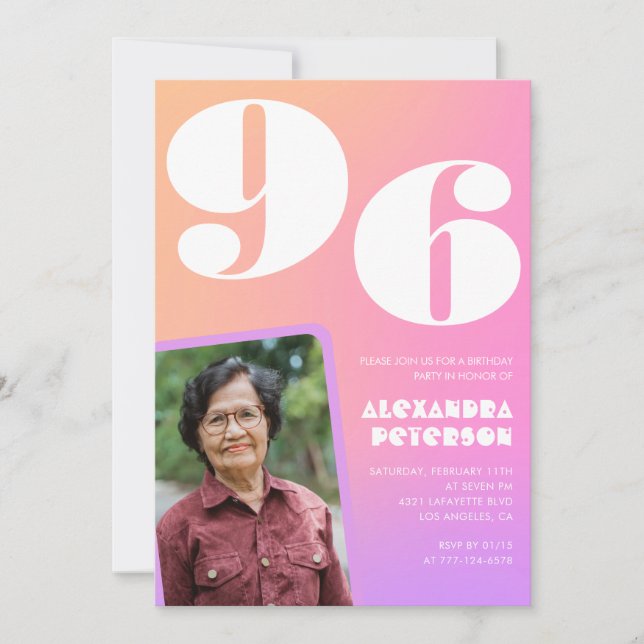 Invitación Foto Retro Gradiente Rosa cumpleaños 96 (Anverso)