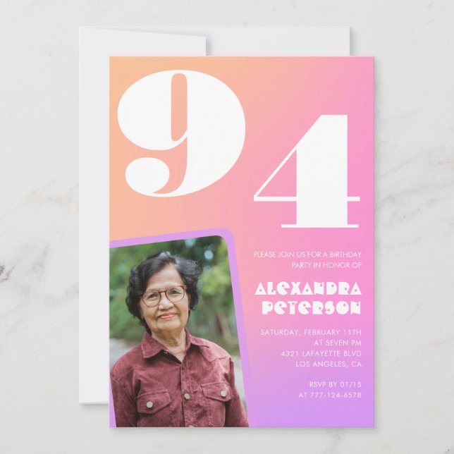 Invitación Foto retro gradiente rosado 94º cumpleaños (Anverso)