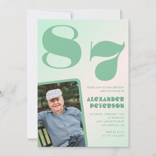 Invitación Foto Retro Gradiente Verde Cumpleaños 87 hombre  (Anverso)