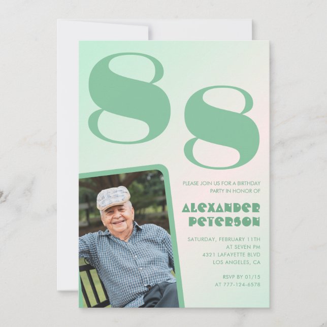 Invitación Foto Retro Gradiente Verde Cumpleaños 88 hombre  (Anverso)