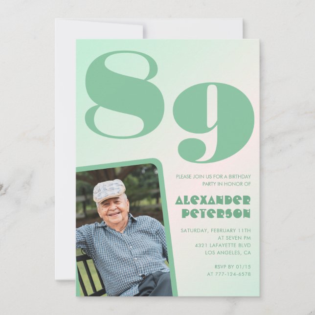 Invitación Foto Retro Gradiente Verde Cumpleaños 89 hombre  (Anverso)