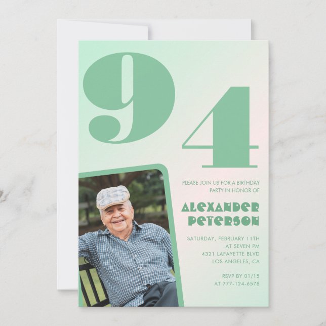 Invitación Foto Retro Gradiente Verde Cumpleaños 94  (Anverso)