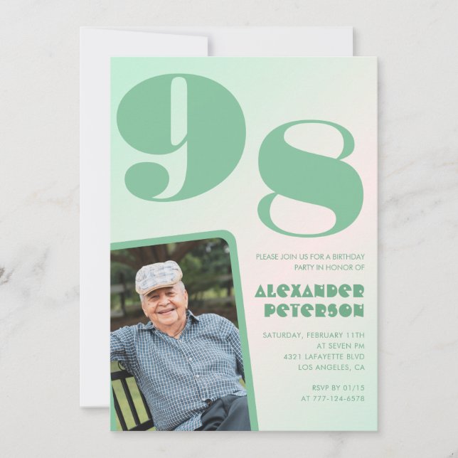 Invitación Foto Retro Gradiente Verde Cumpleaños 98 hombre  (Anverso)