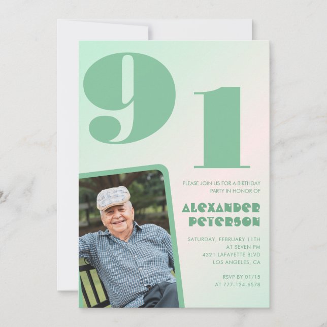 Invitación Foto retro Gradiente Verde Hombre 91 cumpleaños (Anverso)