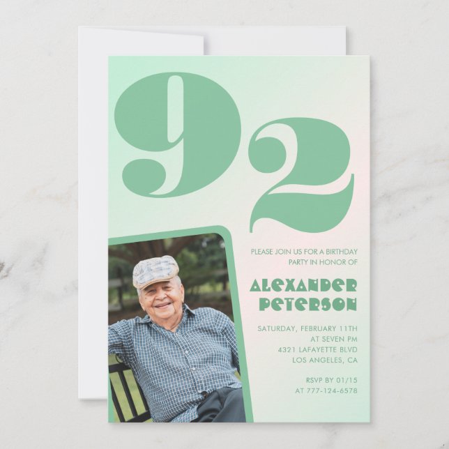 Invitación Foto Retro Gradiente Verde Hombre 92 cumpleaños  (Anverso)